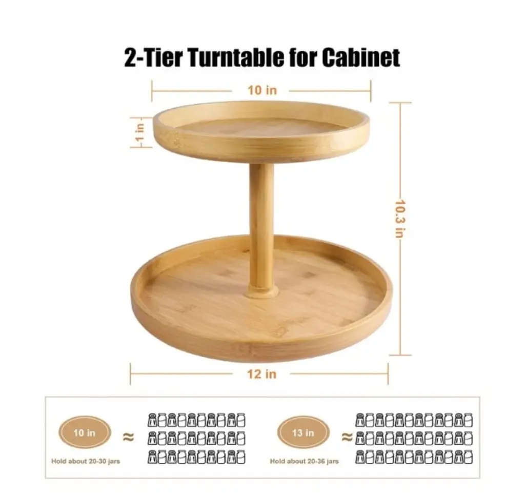 2 tier Turntable Bamboo Double layer Rotating  storage Rack wood, photo 3