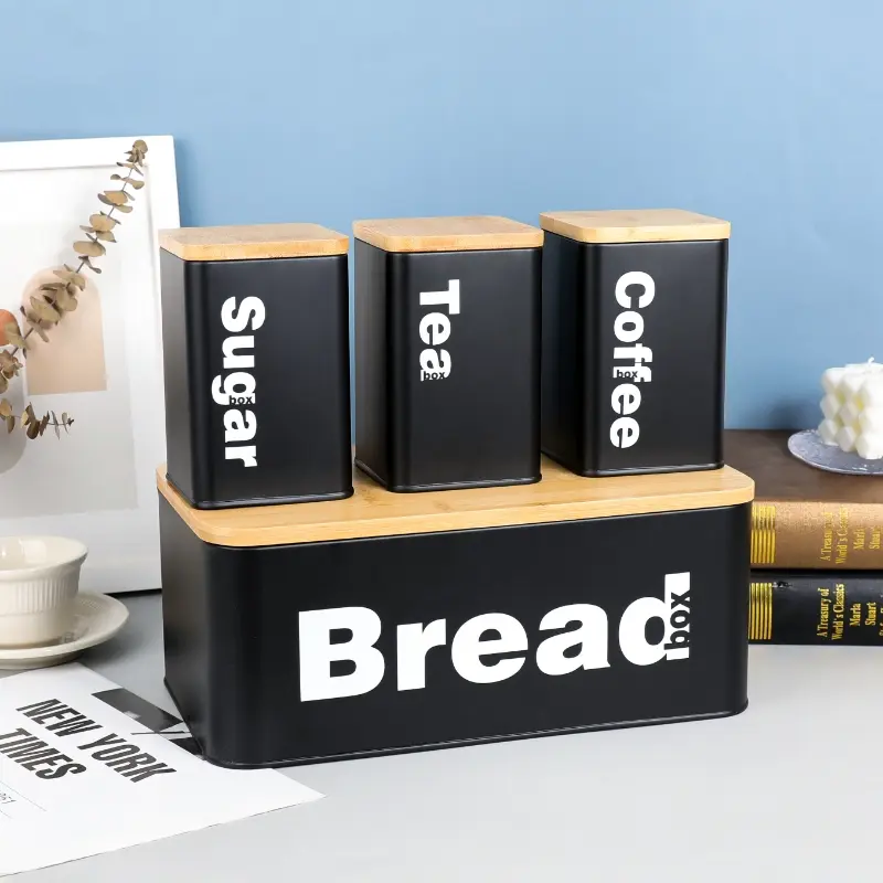 Bread Bin with Three Canister Set with Bamboo Lid, photo 2