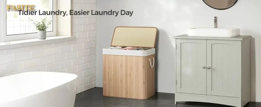 3 grid foldable bamboo laundry basket, photo 2