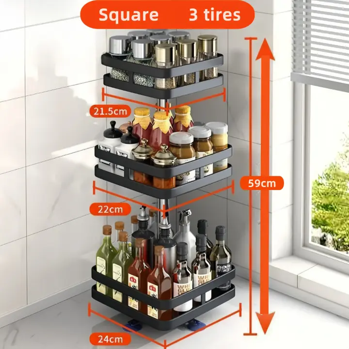 3 Tier square metallic rotating spice storage rack, photo 2