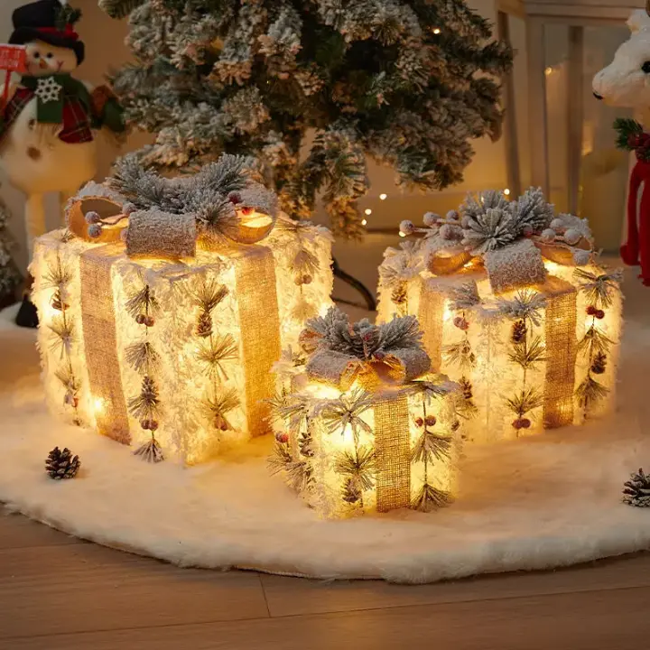 3 pc Set Snow Flocked Christmas Lighted Gift Boxes, photo 3