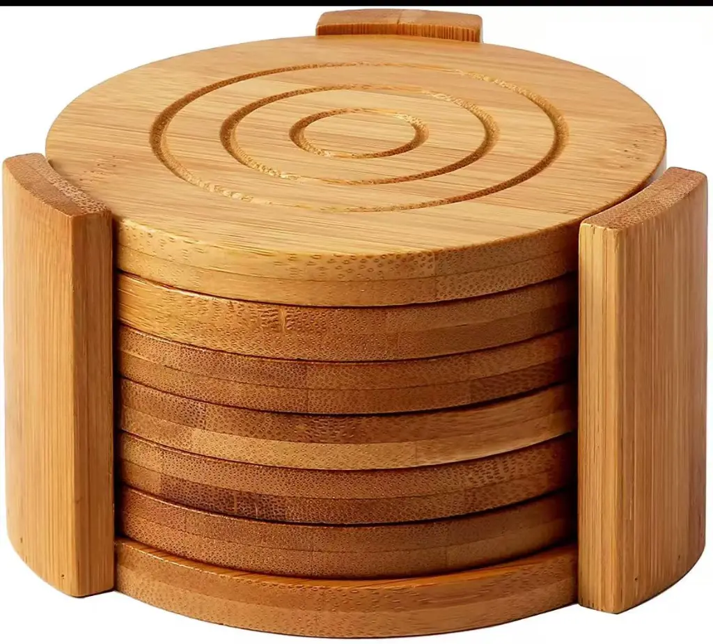 6 pcs Round Bamboo Coaster Set, photo 3