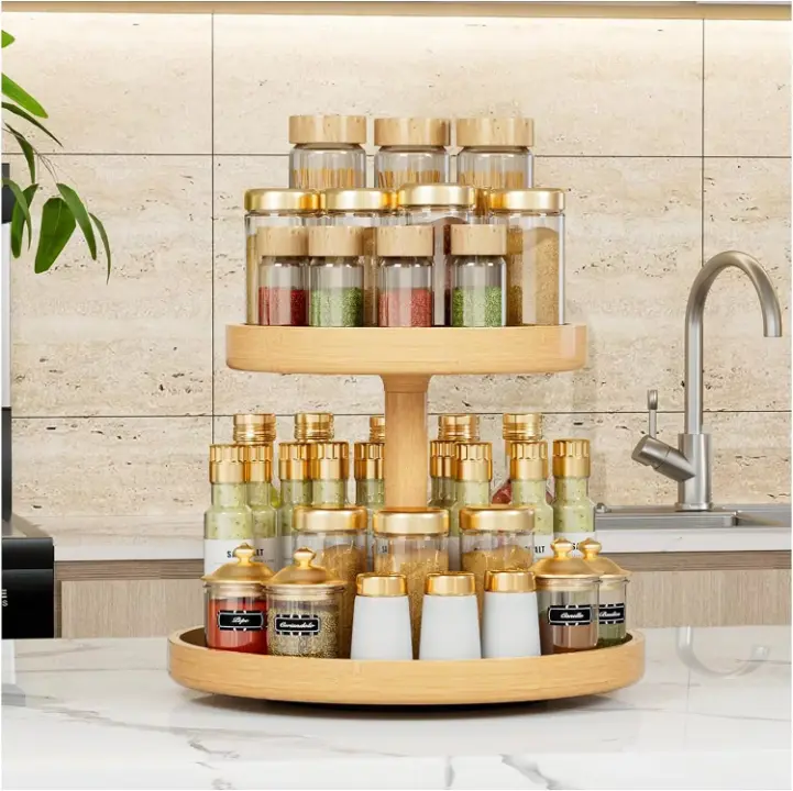 Bamboo Turntable Storage Rack, 2-Tier Rotating