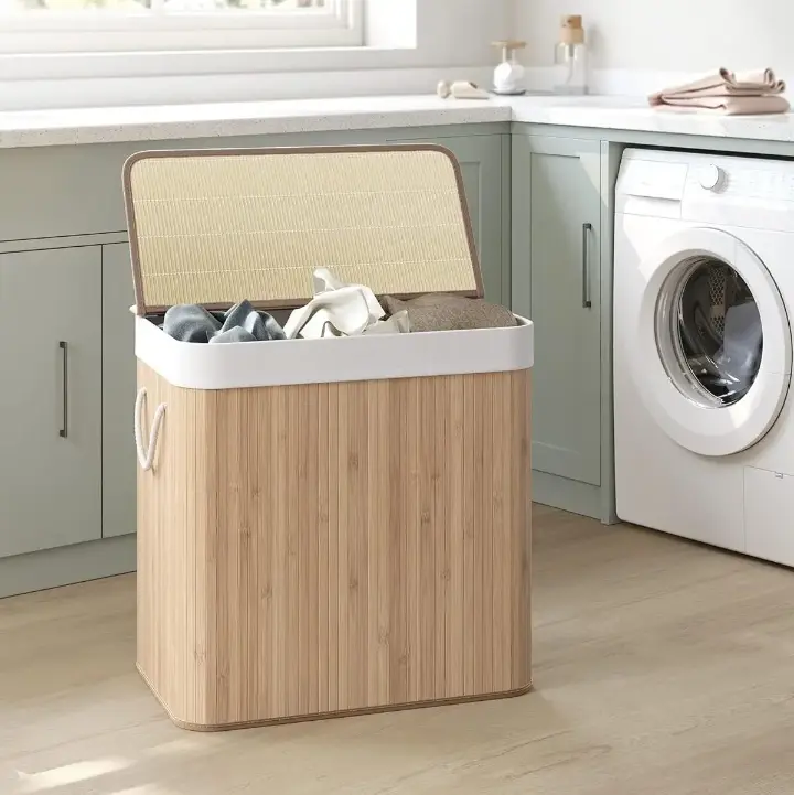 Bamboo Laundry Basket, 3-Grid Foldable