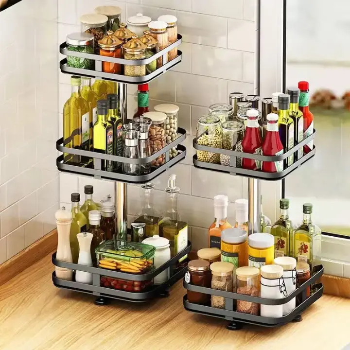 Rotating Spice Storage Rack, 3-Tier Square Metallic