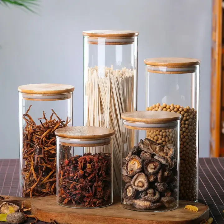 Round Bamboo Lid Glass Jars Set