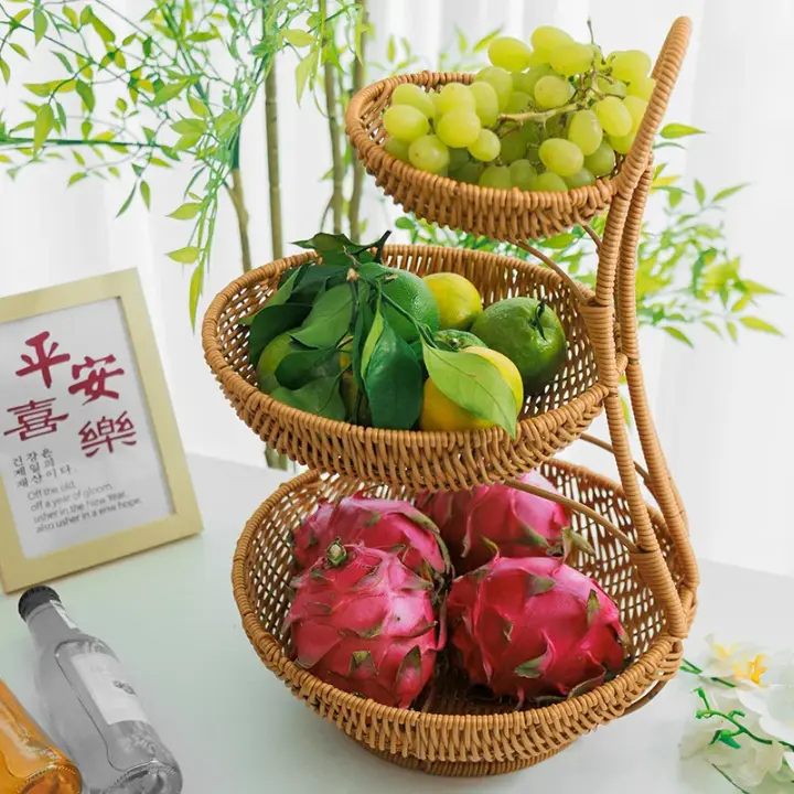 3 tier Handmade unique rattan fruit rack