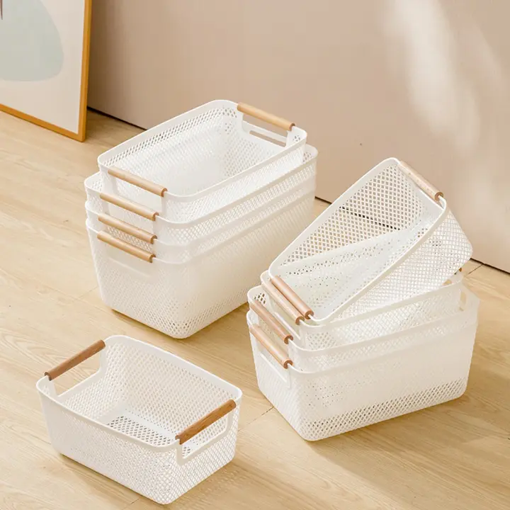 Plastic Mesh Storage Baskets with Bamboo Handles, Extra-Large