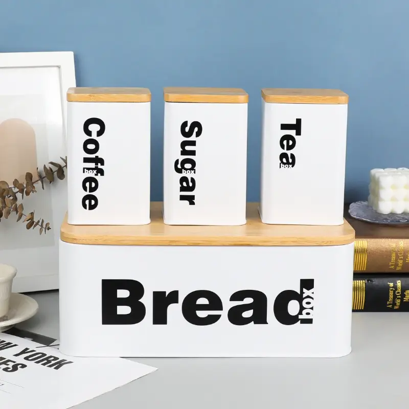 Bread Bin with 3-Canister Set, Bamboo Lid (White)