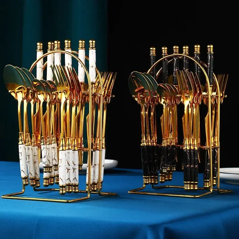 Gold Marble Cutlery Set with Stand, 24 Pieces