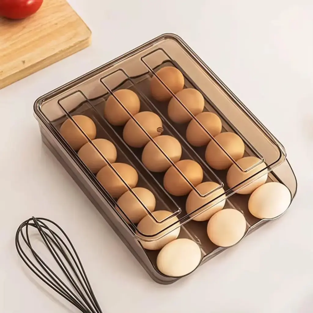 2 layer stackable automatic rolling fridge egg organizer 
