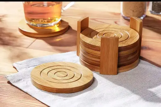 6 pcs Round Bamboo Coaster Set