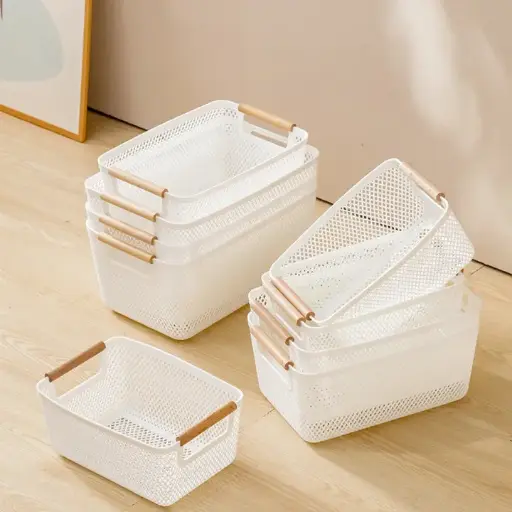 Extra-Large Mesh Plastic Storage Baskets with bamboo Handles 